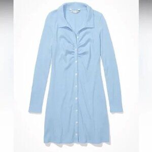 AE Knit Ruched Front Long -Sleeve Mini Dress Baby Blue